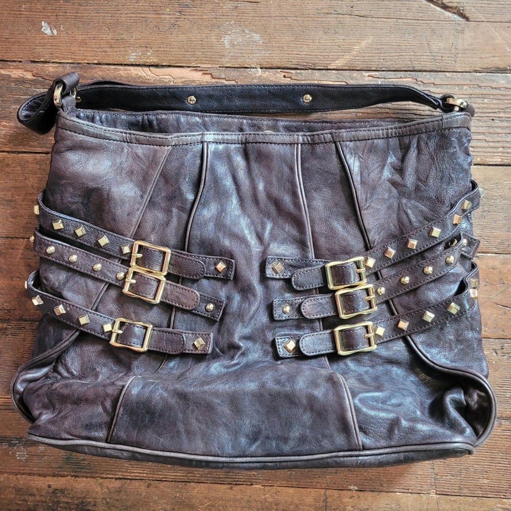 Treesje Dark Brown Leather Studded Multi Buckle Hobo Shoulder Bag Gold Hardware